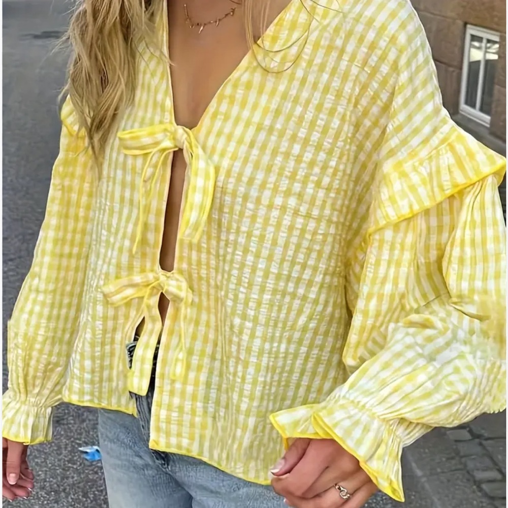 Yellow Gingham Tie-Front Ruffle Sleeve Top